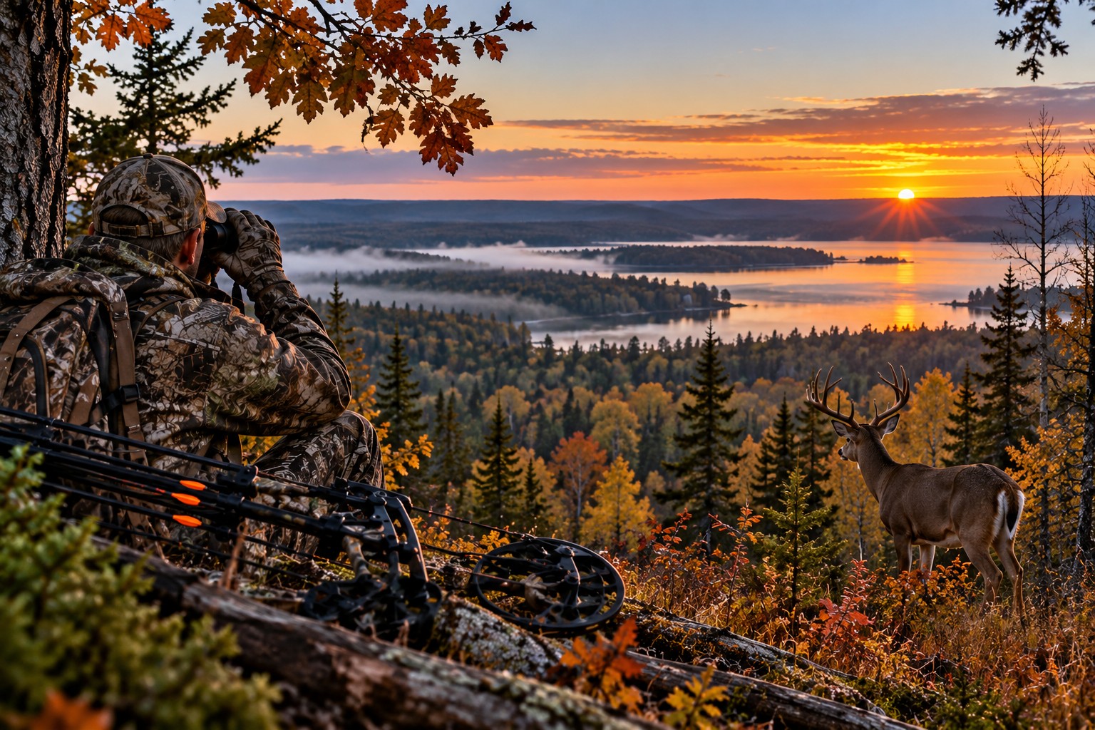 Bowhunter glassing a whitetail buck at sunrise over the fall woods and water of Lake Gogebic