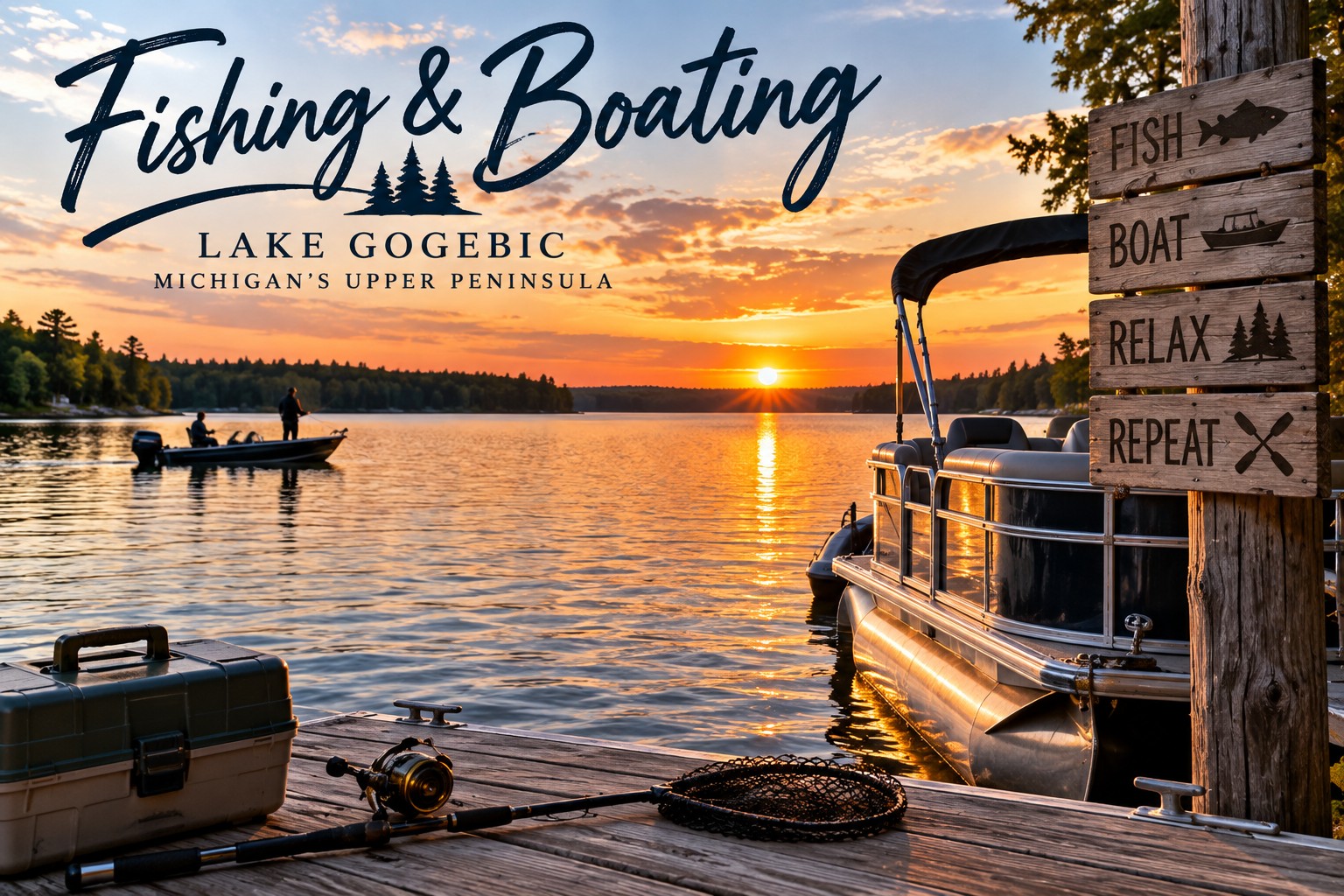 Pontoon at the dock and anglers in a boat at sunset on Lake Gogebic