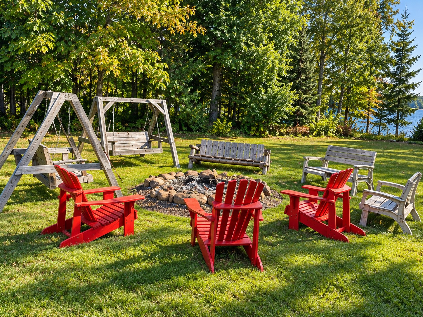 Fire ring with red Adirondack chairs and benches on the lawn, Lake Gogebic behind