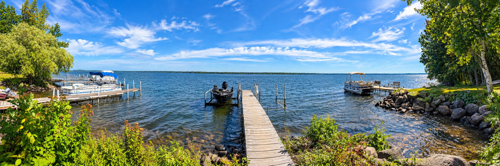 Panoramic view of the West Shore Resort docks with pontoons and a fishing boat on a lift in Lake Gogebic