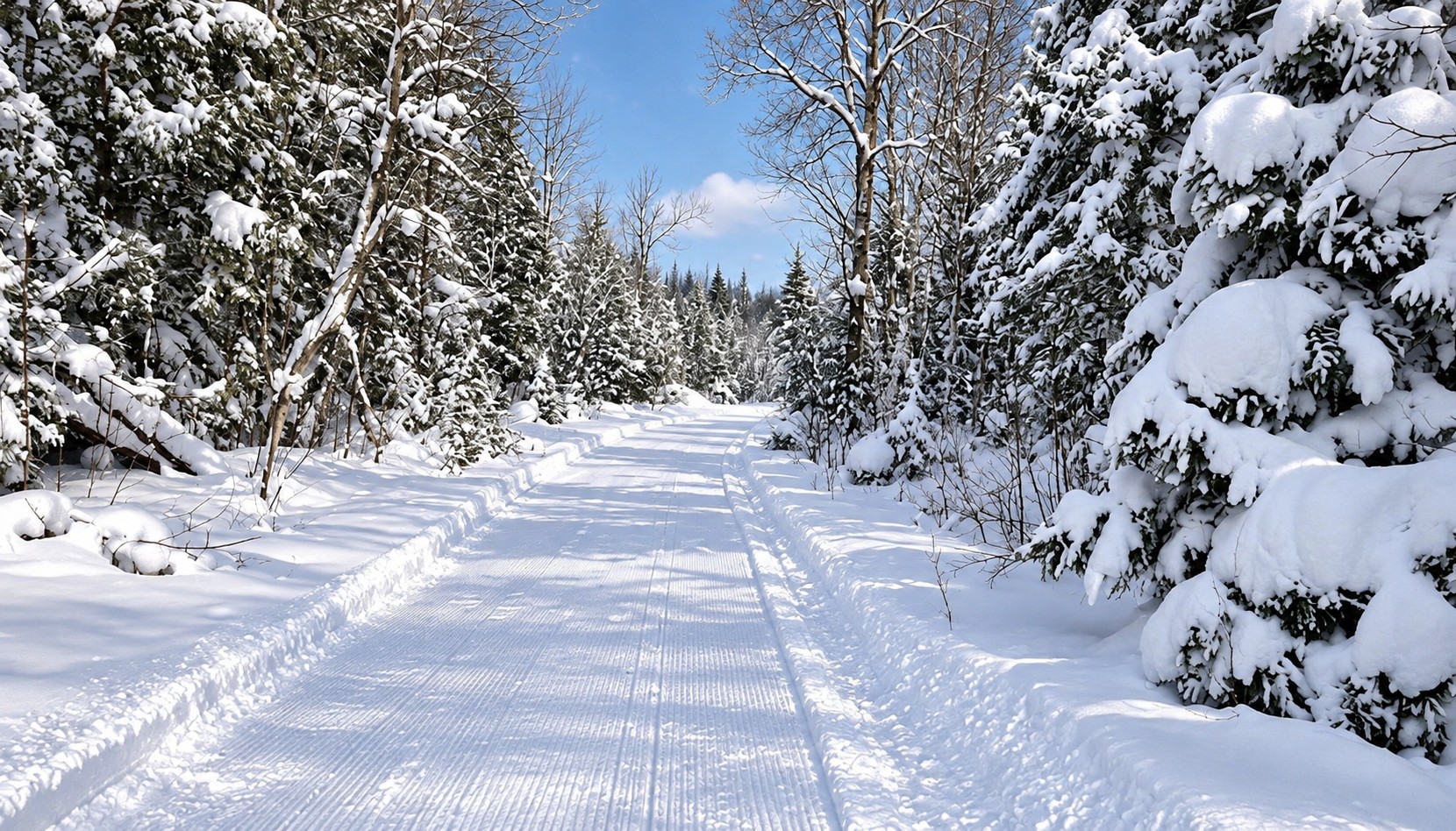 Freshly groomed snowmobile trail through snow-covered pines near Lake Gogebic