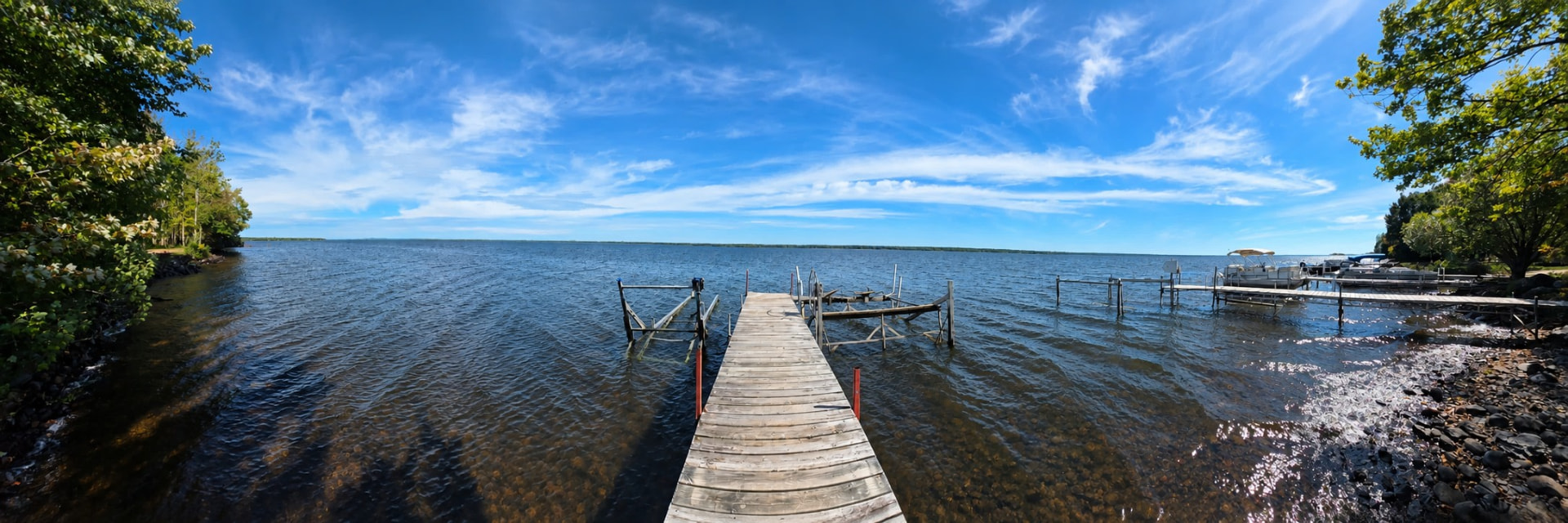 Wooden dock walkway reaching straight out into the clear water of Lake Gogebic