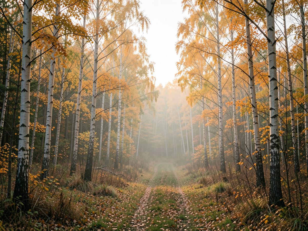 Misty autumn hardwood forest trail in Michigan's Upper Peninsula