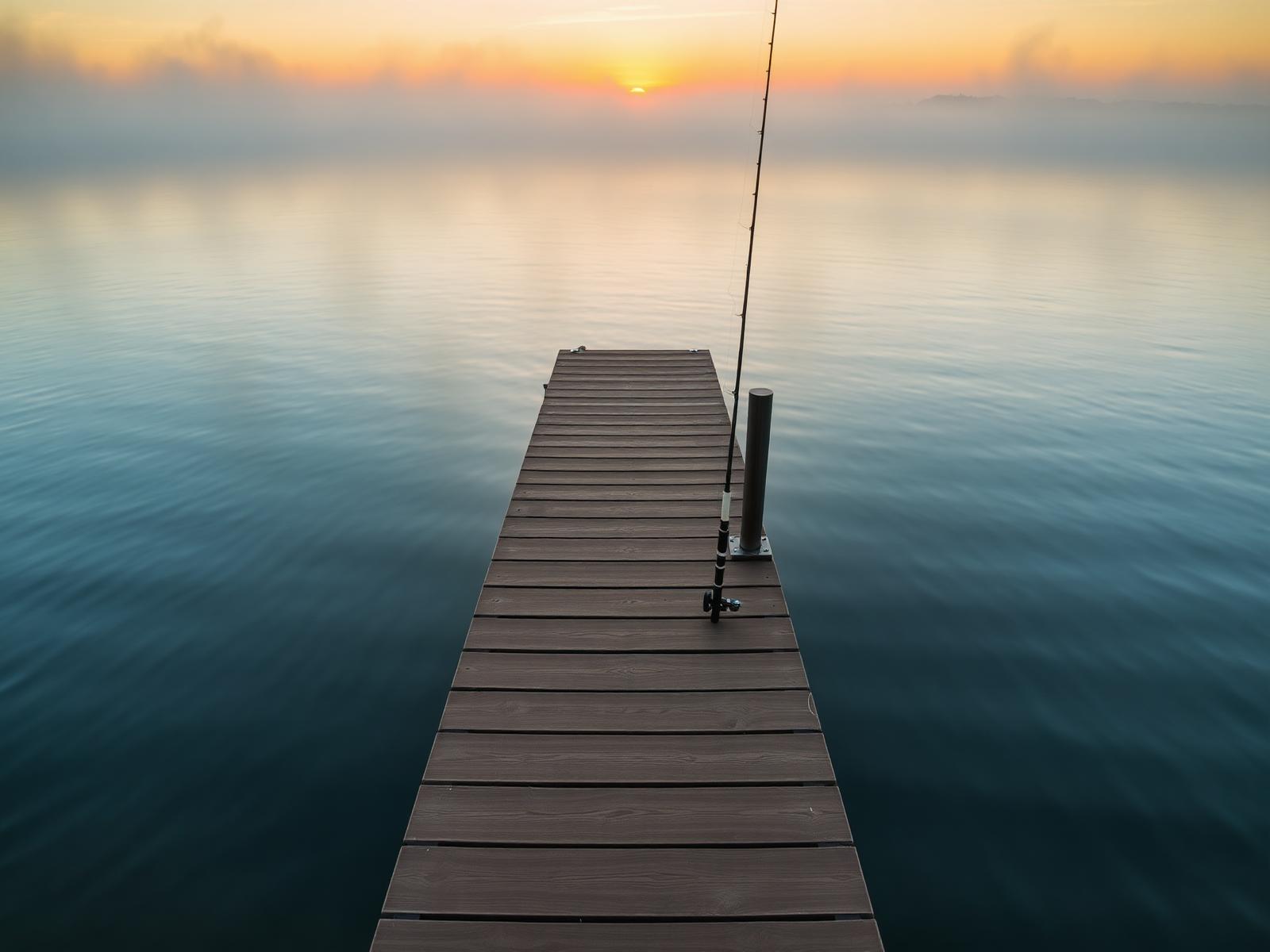 Wooden dock and fishing rod at sunrise on Lake Gogebic